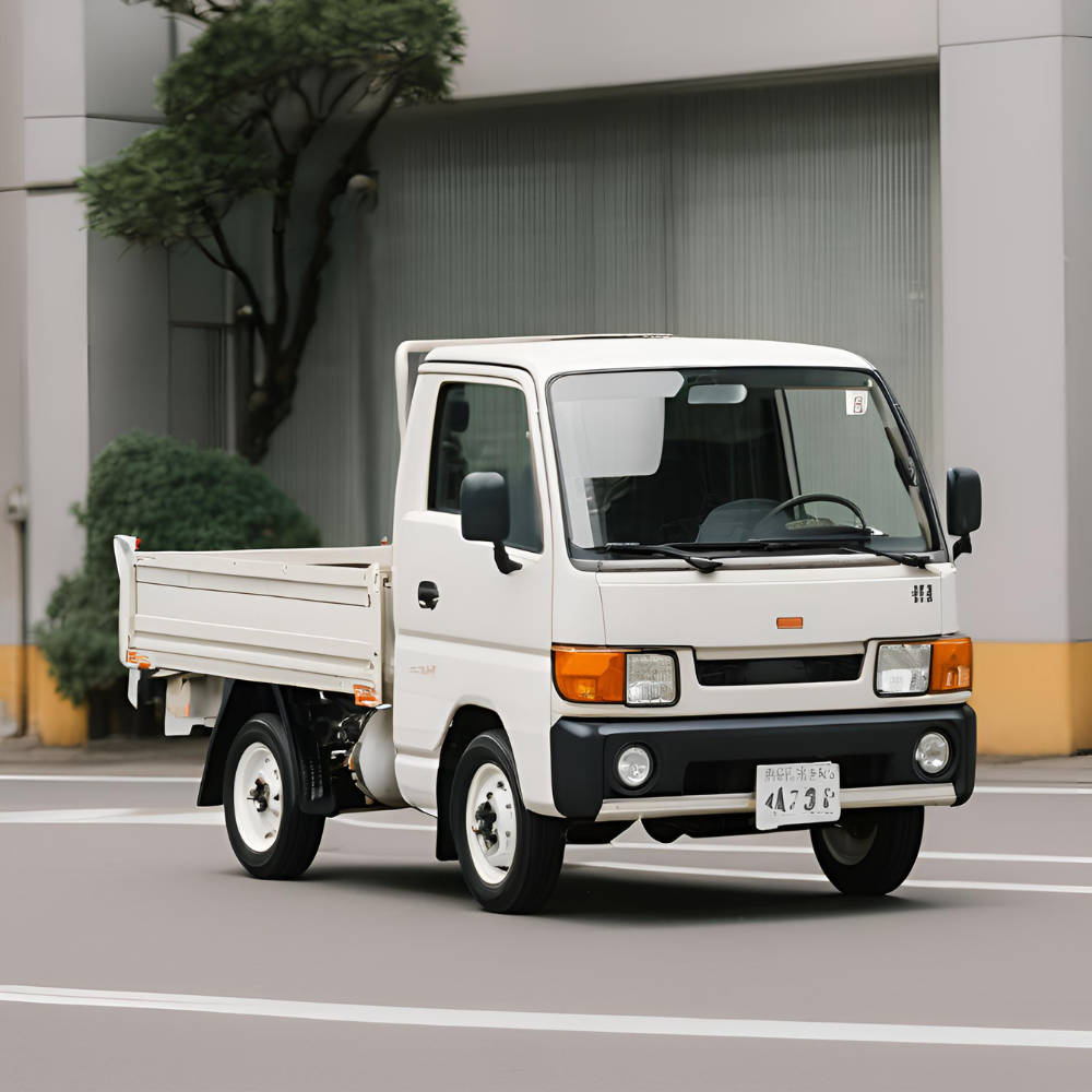 Artist's rendition of a kei truck in a parking lot.